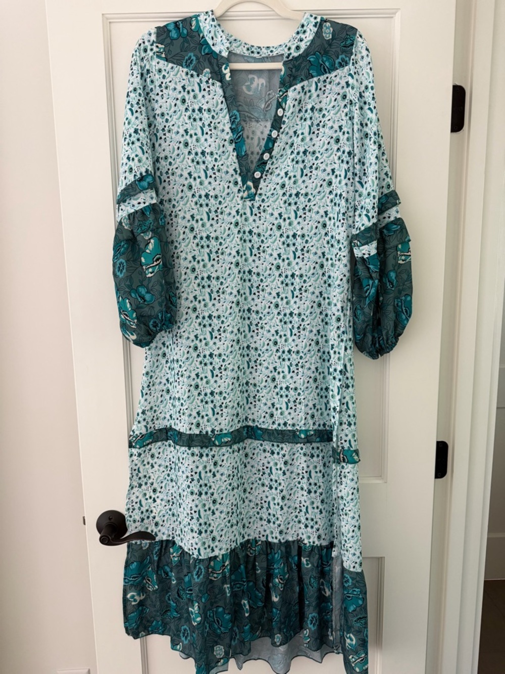 Boho Teal Floral Tiered Maxi Dress with slit